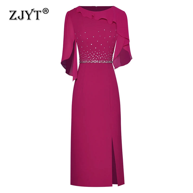 

ZJYT Luxury Beading Cocktail Party Dresses for Women Elegant 2025 Summer Fashion Ruffle Rose Red Dress Straight Knee Length Robe