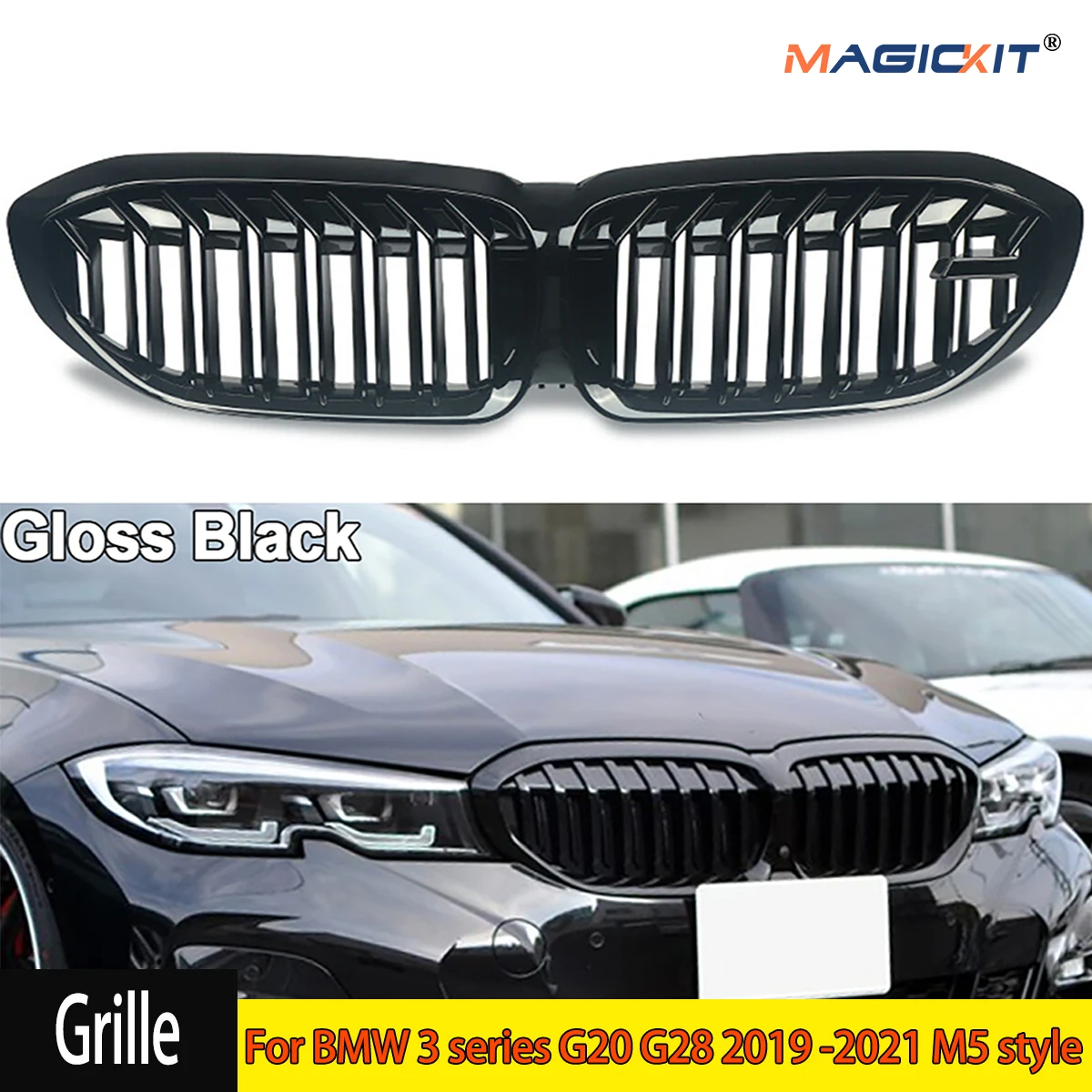 sport grille FOR BMW G20 G21 3 series Front KidneyGrill Grille  M5 style sport 2019+ modles Gloss Black High Quality ABS Plastic