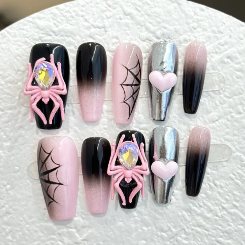 10-Piece Halloween Sweet Gothic Coffin Press On Nails, Black Pink Ombre Spider Web Print With 3D Spider Charms For Women