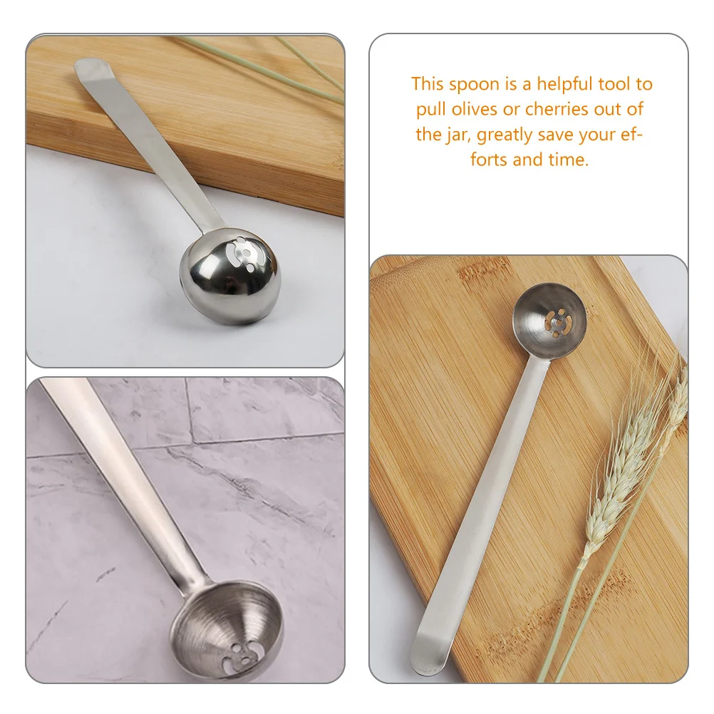 

2Pcs Olive Jar Spoon Stainless Steel Long Handle Cherry Pickle Spoon with Drain Hole Strainer for Home Parties
