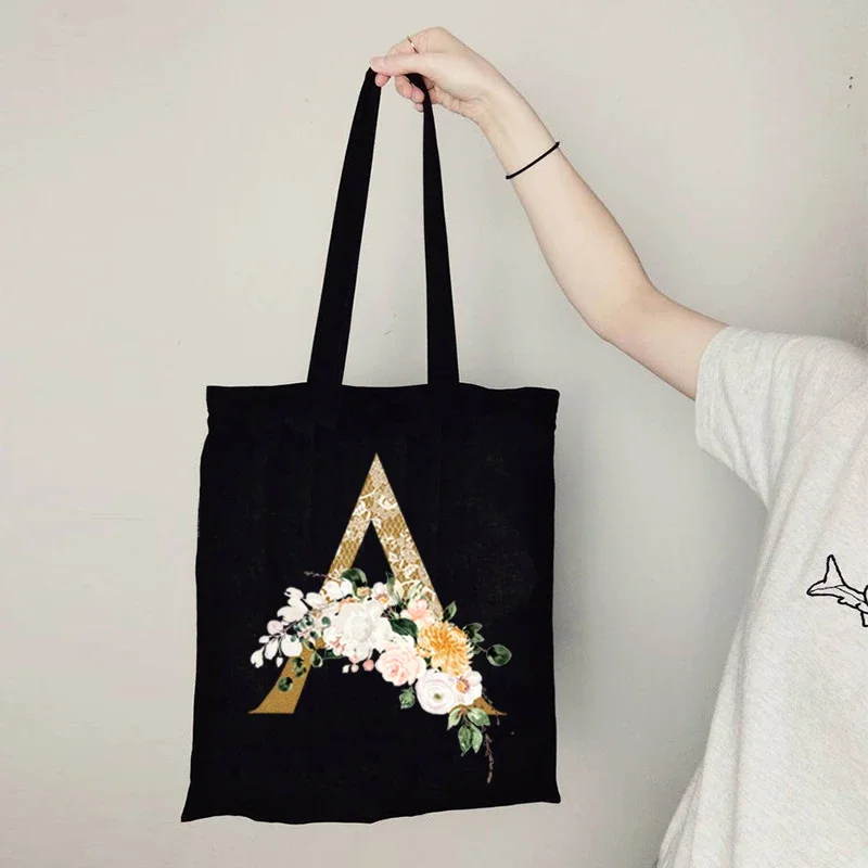 

Gold Letter Flower Canvas Bag Women's Shopping Bag Reusable Large Capacity Portable Handbag Harajuku Style Student Shoulder Bag