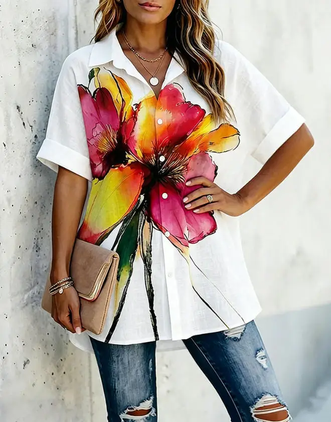 

Women's Shirt 2026 Spring Summer Fashion Watercolor Floral Print Casual Button-Down Blouse Breathable Half Sleeve T-Shirt Top