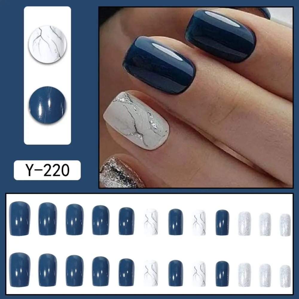 Detachable Wearable Manicure French Fake Nails Medium Length Faux Fingernails False Nail Full Cover Square Head Nail Tips Women