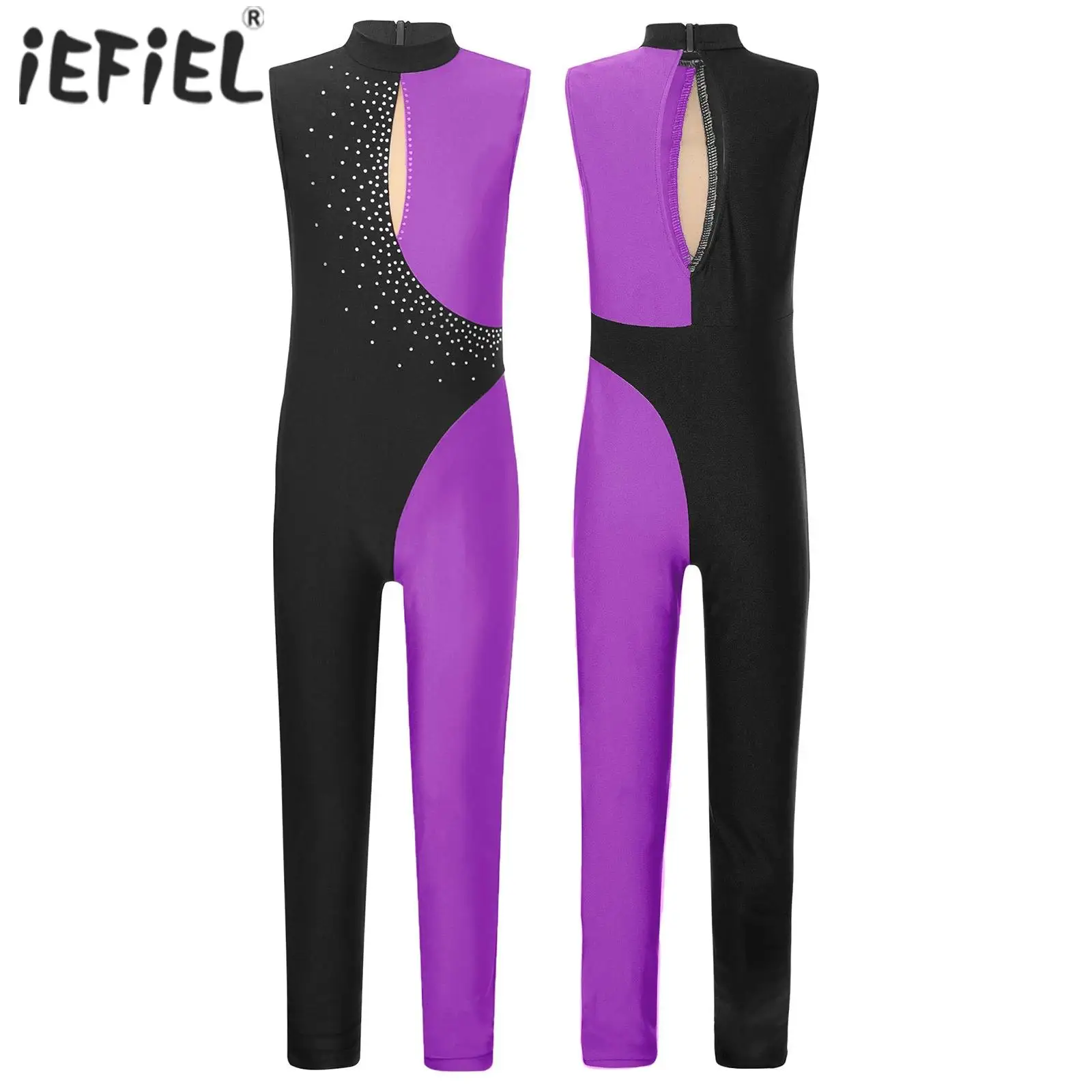 Kids Girls Rhinestones Dance Jumpsuit Keyhole Back Sleeveless Bodysuit Gymnastics Workout Figure Skating Performance Costume