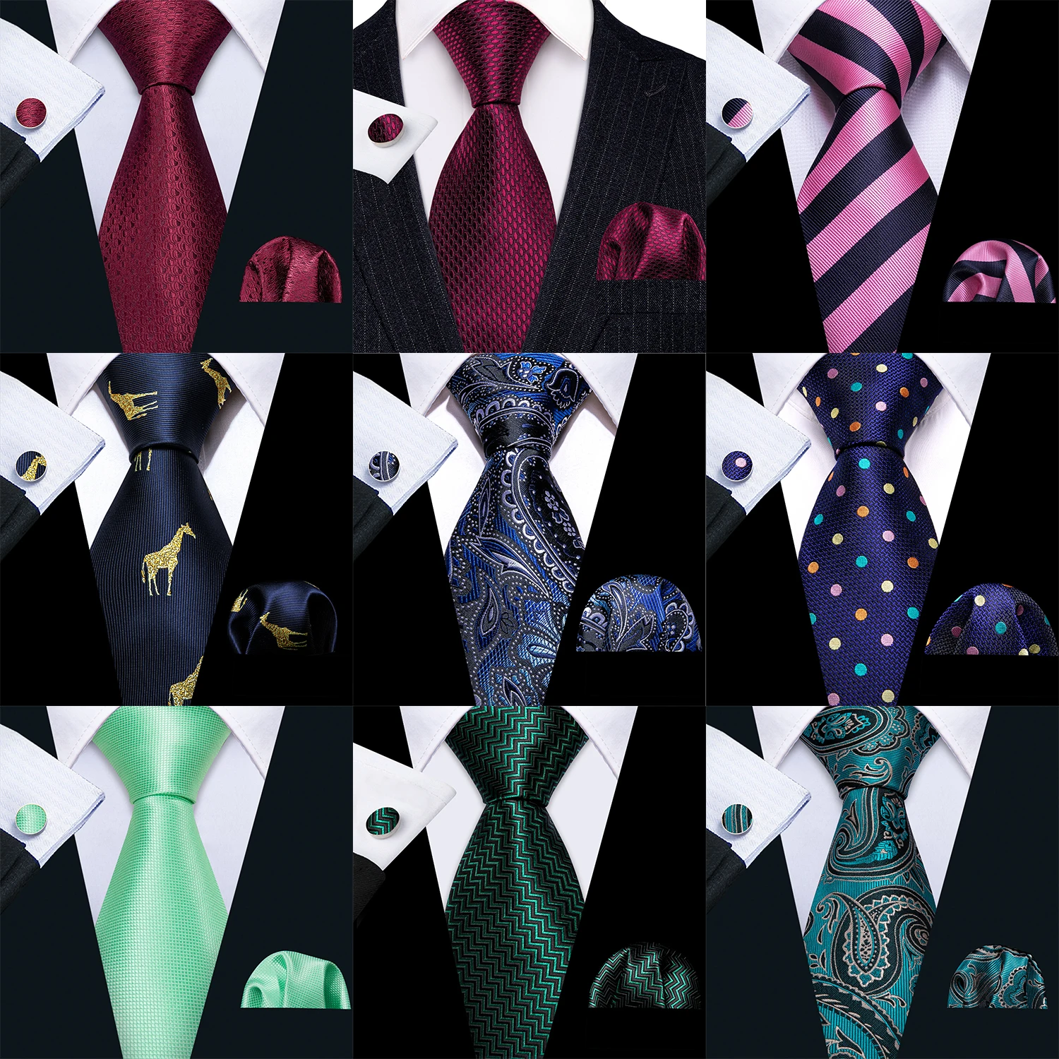 Herren-Krawatte, Marineblau, Grün, gepunktet, Krawatten, Einstecktuch, Manschettenknöpfe, Set, Krawatte, formelle Hochzeit, Dinnerparty