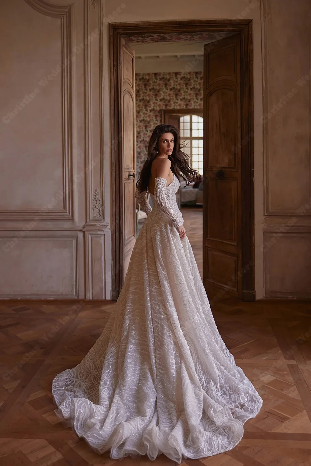 Querida colar vestidos de casamento elegante renda impressão mangas compridas vestido de noiva princesa banquete vestidos de novias 2026 personalizado