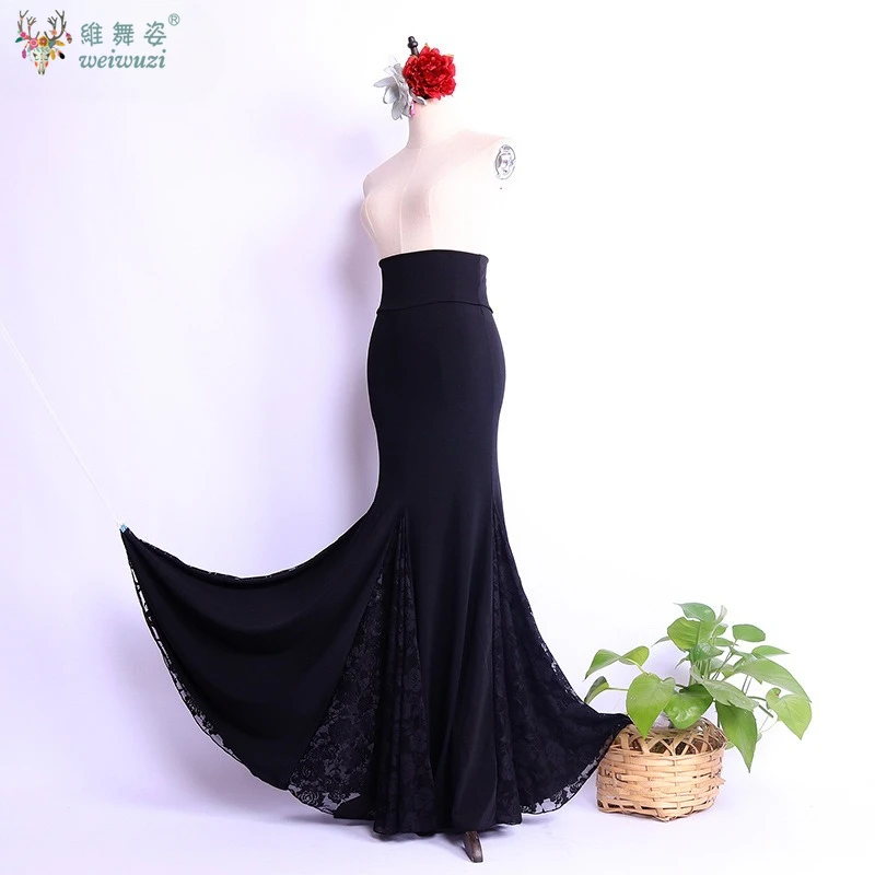 Spanische Flamenco-Tanzröcke, maßgeschneidert, elastisch, hohe Taille, schlankmachende Spitze, mehrschichtiger Kuchenrock, Tango-Performance-Rock