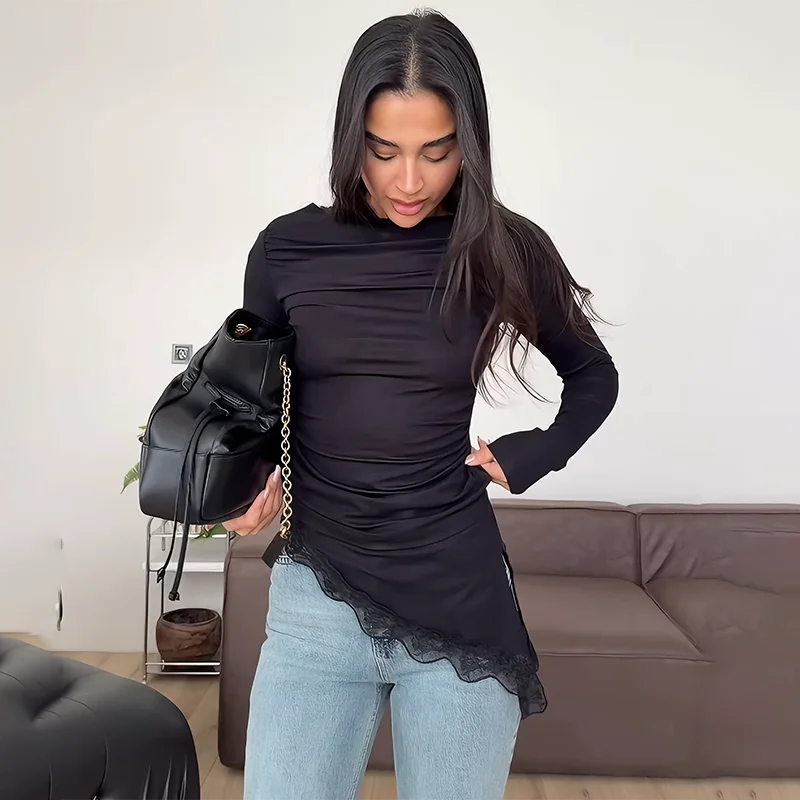 

Tornova Irregular Long Sleeve Lace T shirt Women's Elegant Slim Summer Vacation Office Lady Pullovers 2026 New Female Top Solid