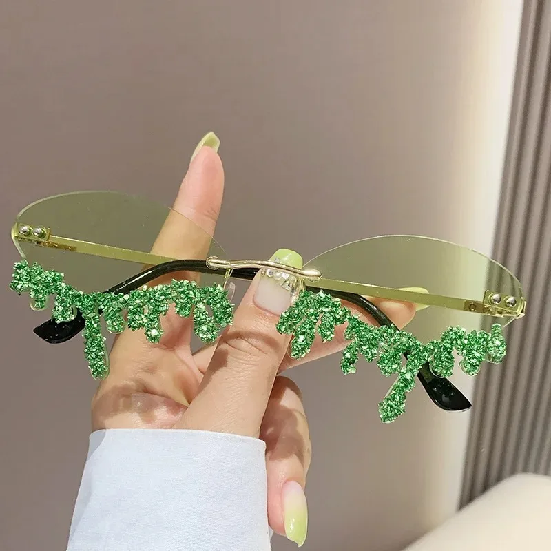 Diamant Randlose Sonnenbrille Damen Luxusmarke Strass Sonnenbrillen Sexy Tränenform Punk Party Eyewear Gafas De Sol – Detail 8