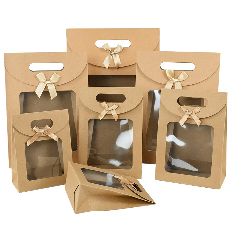 2pcs Kraft Paper Portable Gift Bags Multi-Size Candy Gift Packaging Box with Clear Window Wedding Favors Birthday Party Supplies