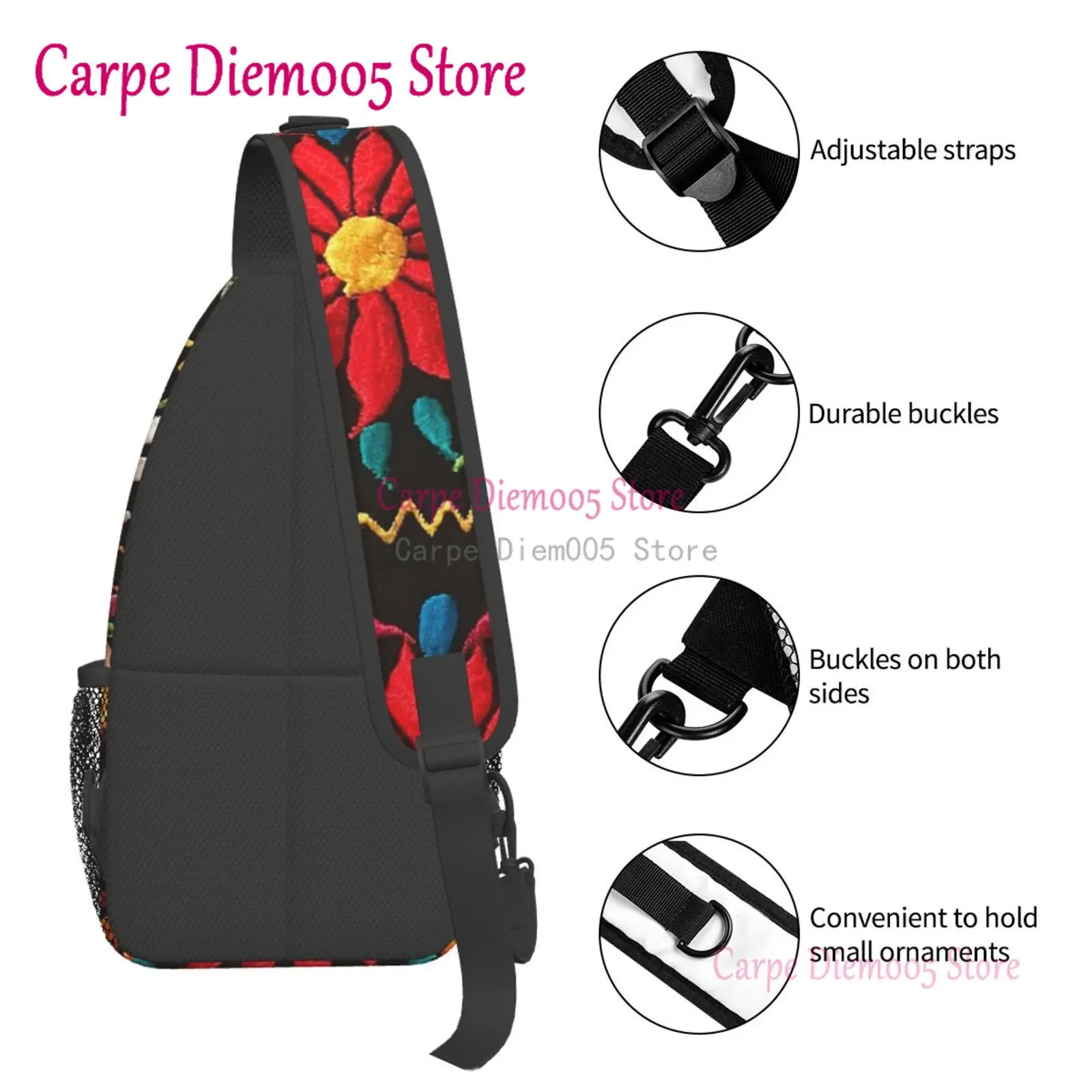 Mochila de hombro para hombre con estampado 3D de flores mexicanas, bandolera con bordado, para senderismo