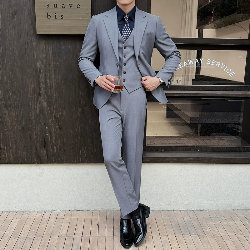 ( Jacket+Vest+Pants ) ltalian Style Luxury High-end Fashion Solid Color Mens Business Slim Suit 3Piece Set Groom Wedding Tuxedo