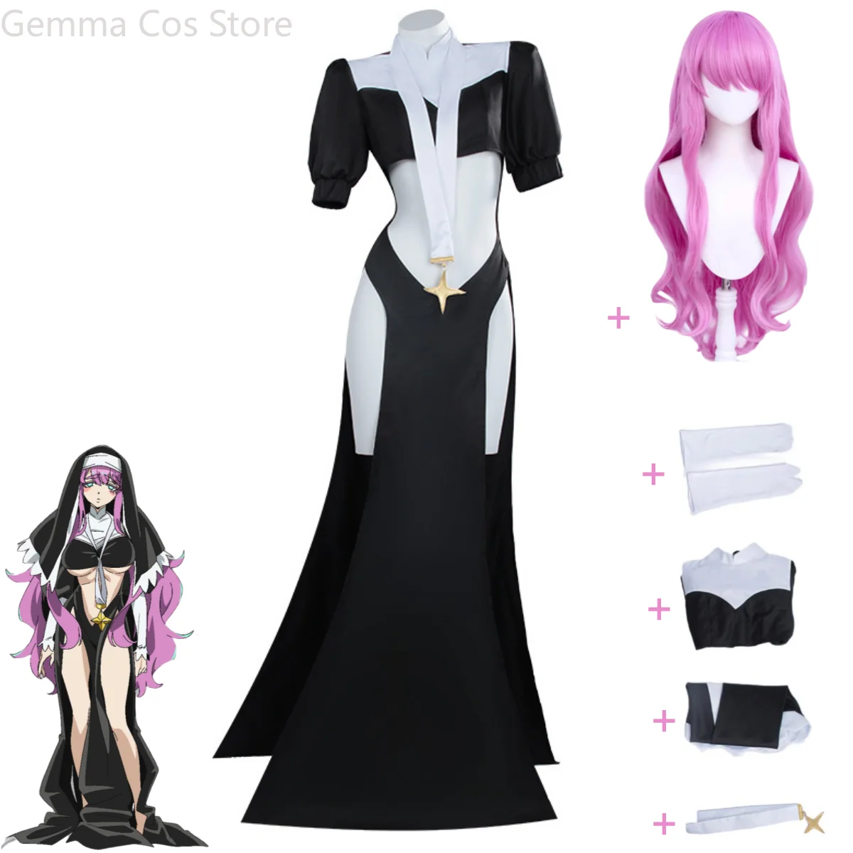 

Anime Gushing Over Magical Girls I Admire Magical Girls Nun Tengeiji Holy Cosplay Costume Black Forking Dress Wig Woman Sexy Set