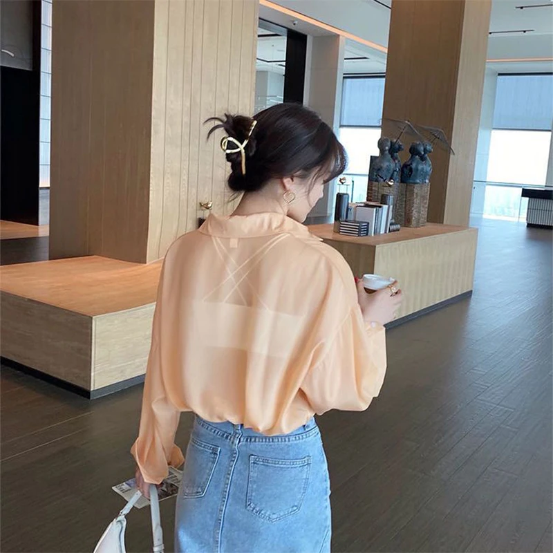 Summer Woman Clothes Long Sleeve Shirt Ins Elegant Polo-neck Thin Chic All-match Solid Color Simplicity Elegant Trend Fashion