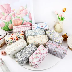 Floral Makeup Bag Large Capacity Cute Flowers Instagram Travel Storage Portable Quilted Cotton Bow Toiletry Bag