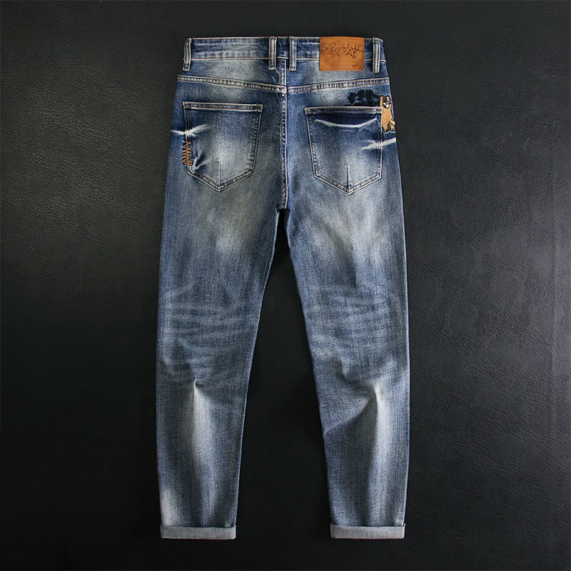 

Spring and Autumn new jeans men, elastic, small feet, embroidered print, fashionable trend, casual pants