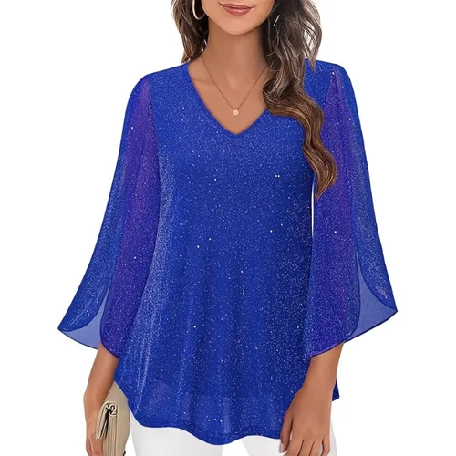 Camisa holgada y cómoda con manga 3/4 y borde con volantes informal con cuello en V a la moda para mujer talla grande 1XL-5XL