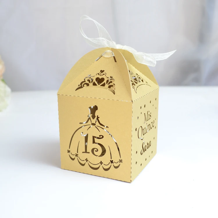 Quinceanera Theme Custom Sweet 15 Year Old Birthday Party Laser Cut Favor Gift Box with Organza Ribbon