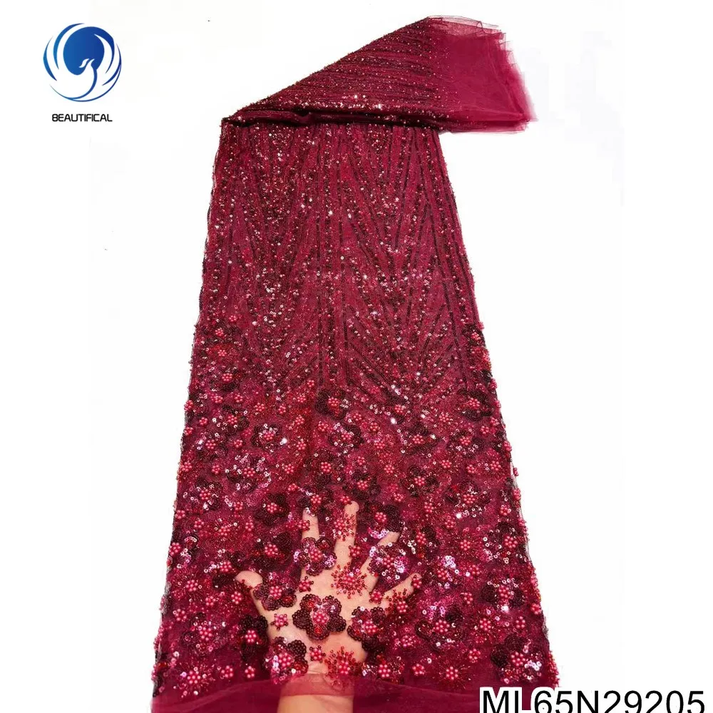 

France and The United States Quality Good Red High-grade Sequin Sewing Material Hand-beaded Lace Fabric Party Dress ML65N292