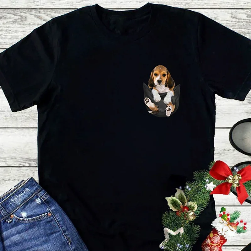 CLOOCL Beagle Dogs T-Shirt Funny Pug French Bulldog in Pocket Printed Tees Fake Pocket Cotton Short Sleeve Shirts  Men Clothing