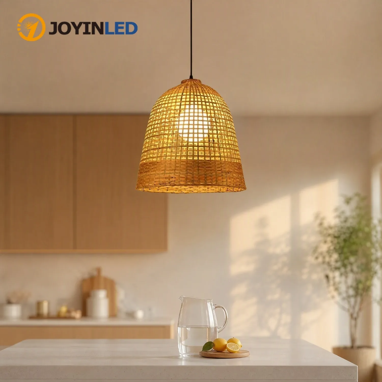 JOYINLED Japanese Bamboo Pendant Light 40CM Hand Woven Rattan Hanging Lamp Shade E27 Chandelier Fixture for Home Decor