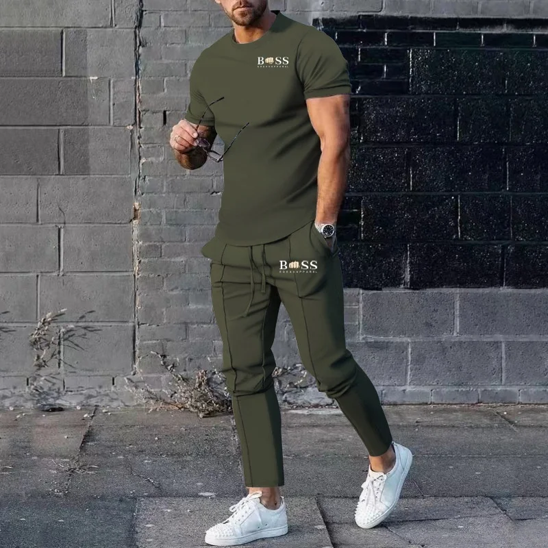 The hottest men\'s short sleeved and long pants two-piece set in 2024, casual sports spring and summer set, new design, street