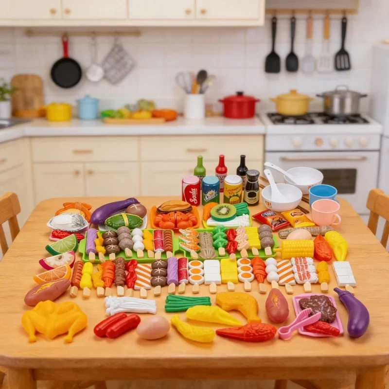 

Kids Educational Pretend Play Kitchen Simulation Vegetable Food Barbecue Cooking Sets Interactive Play House Toys For Girls