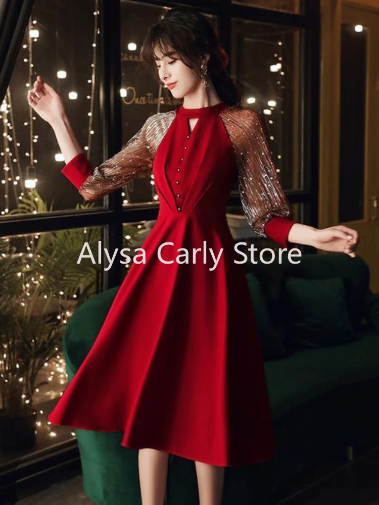 Elegant Vintage Fairy Dress Women Red Patchwork Korean Style Sequined Dress Female 2023 Autumn Casual Evening Party Dresses Chic