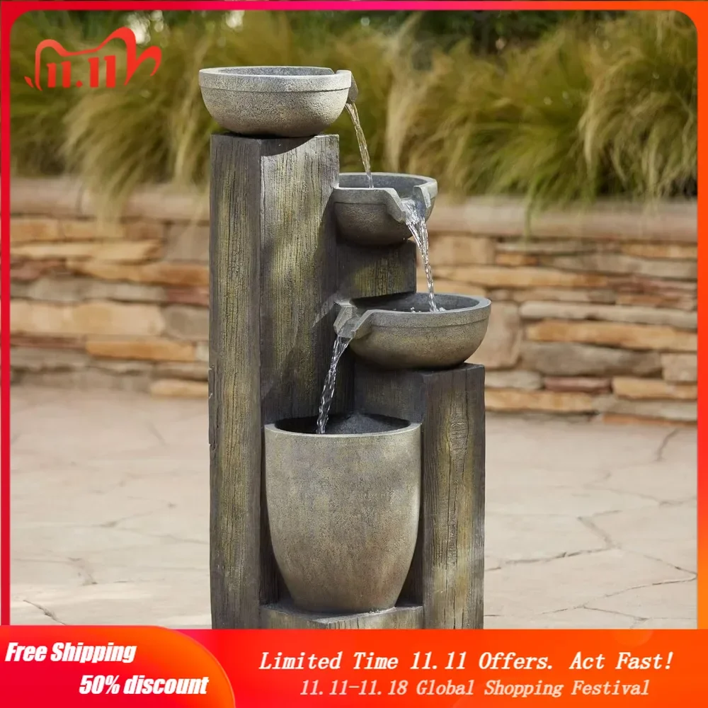 

Four Tier Rustic Outdoor Floor Water Fountain 40 1/2" High with LED Light Cascading Bowls for Garden Patio Backyard Deck Home