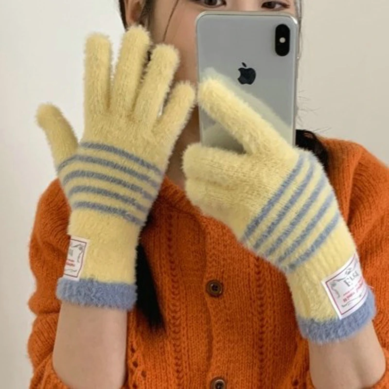 Korean Ins Striped All-Matching Plush Gloves Women's Winter Warm Outdoor Riding Windproof Open Finger Touch Screen