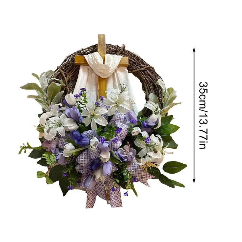 Easter Wreath Cross Artificial Flowers Scarf Wreath For the Front Door Easter Decoration 2024 Indoor Outdoor Ornaments