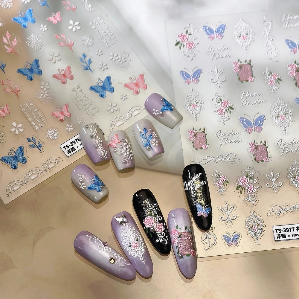 

Pink Blue Embroidered Butterfly Rose Letter Flora Pattern Retro 5D Reliefs Self Adhesive Nail Art Stickers 3D Manicure Decals
