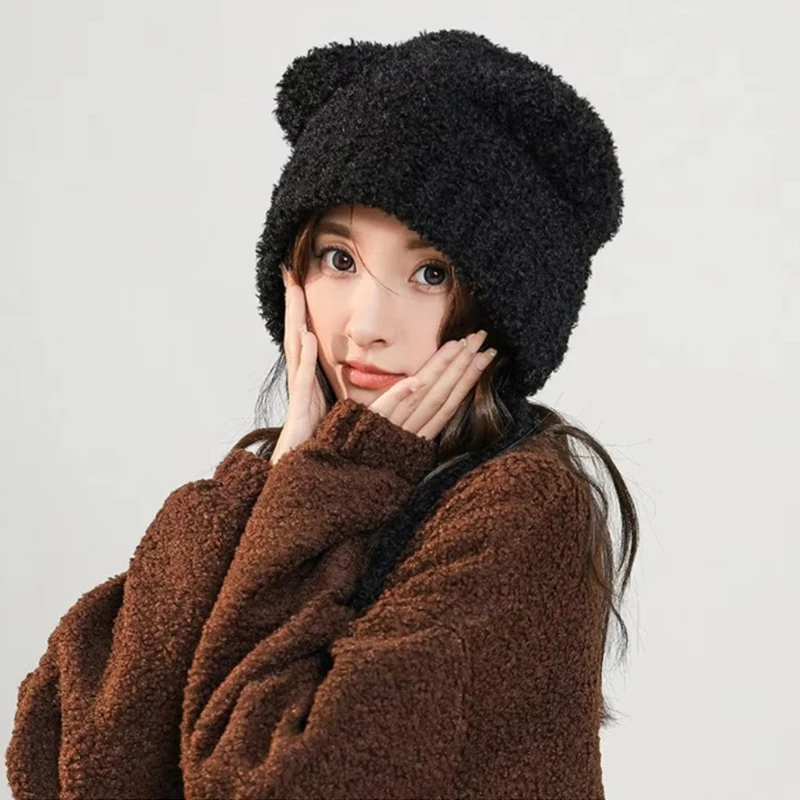 Bear Ear Knitted Wool Hat Autumn Winter Fashion Warm Lace-Up Ear Protection Cap Outdoor Women\'s Bomber Cap Bonnets New Year Gift