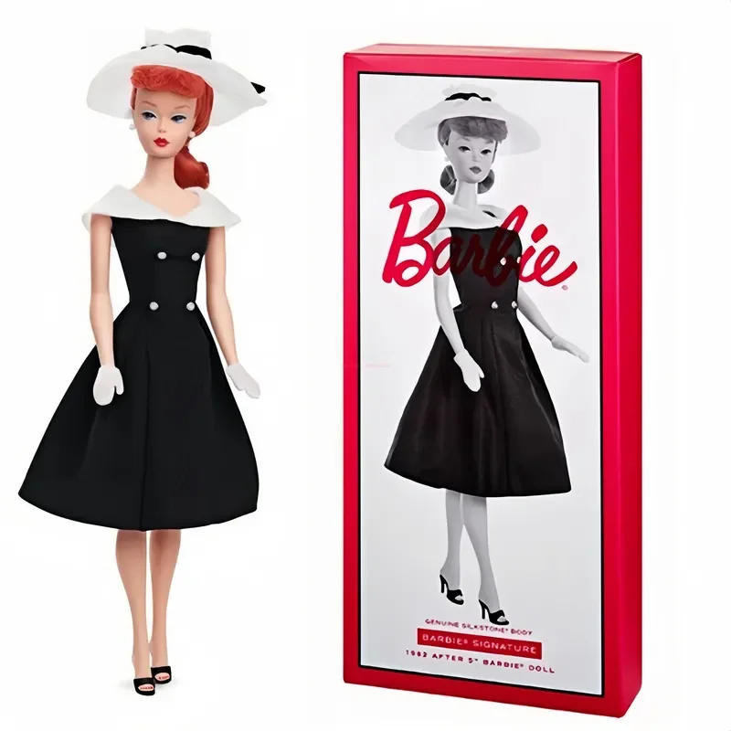 Caja de regalo con etiqueta dorada de firma Barbie genuina, artículo de coleccionista clásico 1962, muñeca Barbie, vestido de noche de princesa blanco y negro