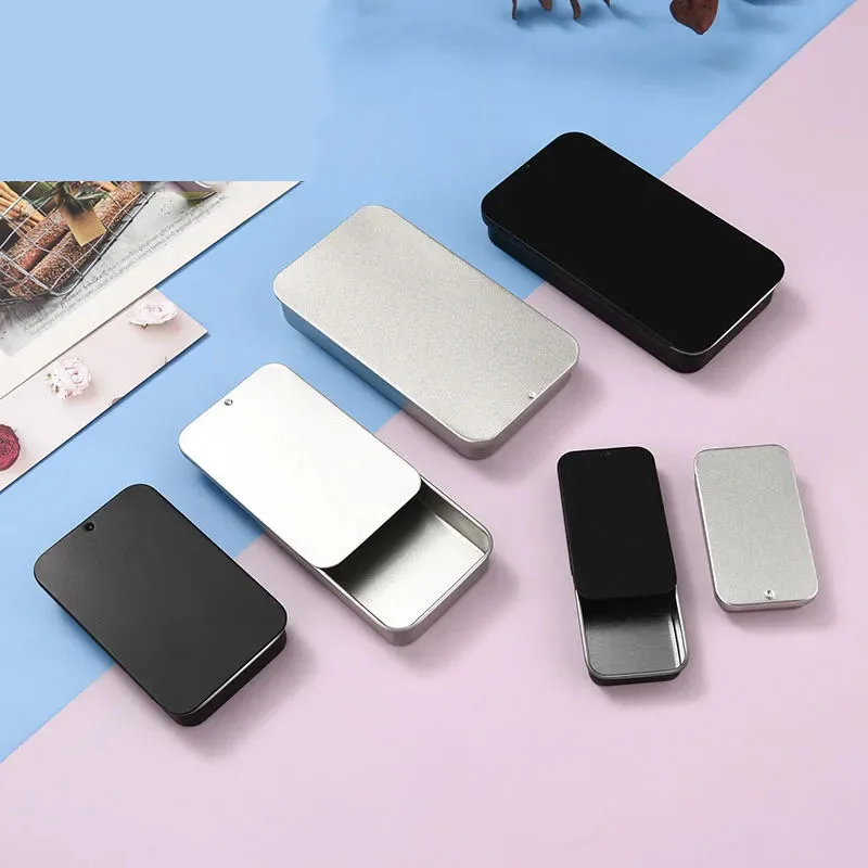 مستطيل متجمد العناصر الصغيرة التعبئة حالة السفر المحمولة الغبار صندوق حديد 3 قطعة/المجموعة فضي أسود انزلاق غطاء صفيح صندوق