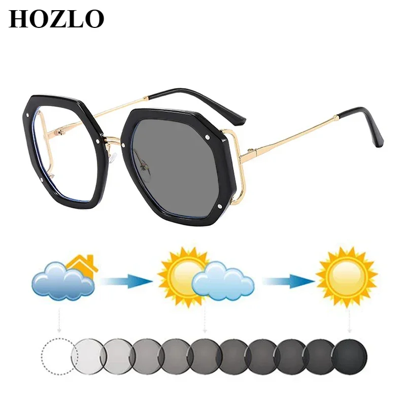 

Europe America Fashion Trend Large Frame Polygon Photochromic Myopia Sunglasses for Women Girls Nearsighted Spectacles Travel