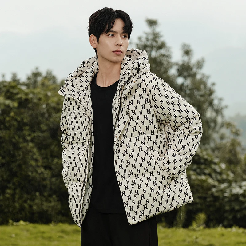 

Модная мужская зимняя куртка с капюшоном, свободного кроя, для пар, трендовая, с наполнителем из белого пуха, однотонная