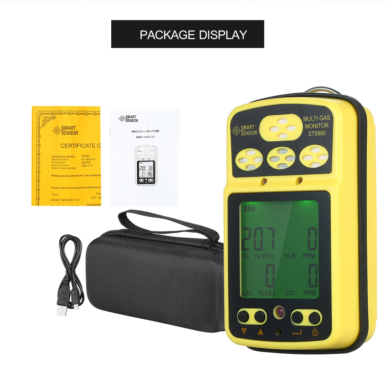 Slimme Sensor St8990 Multi Gas Monitor Oplaadbare 4 In 1 Gas Detector Tester Sensor Met Backlight Alarm Functie Lcd Display