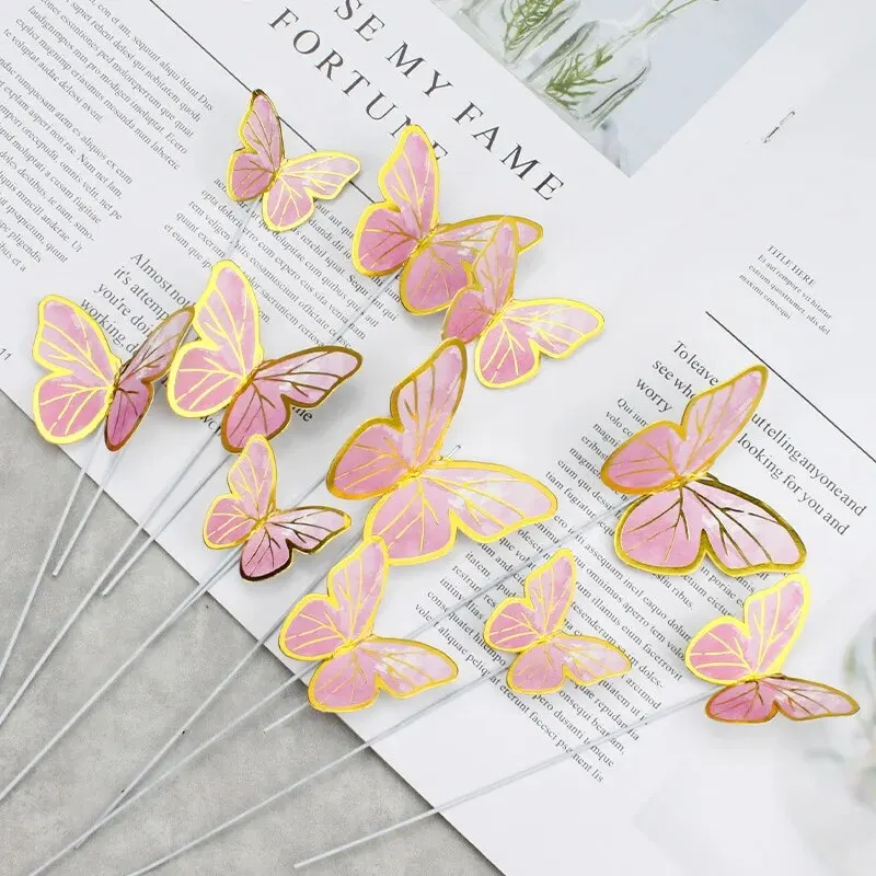 10pcs Stamping Gold Pink Butterfly Cake Toppers Princess Girl Wedding Happy Birthday Party Decor Dessert Cake Decor Butterfly