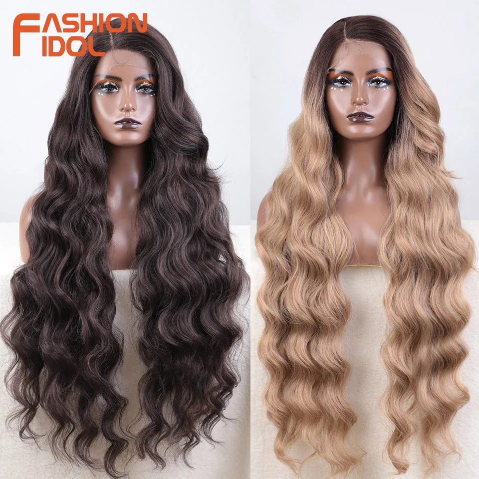 FASHION IDOL 36 Inch Deep Wave Cosplay Wigs Synthetic Lace Front Wigs For Black Women Super Long Wavy Fiber Side Part Lace Wigs