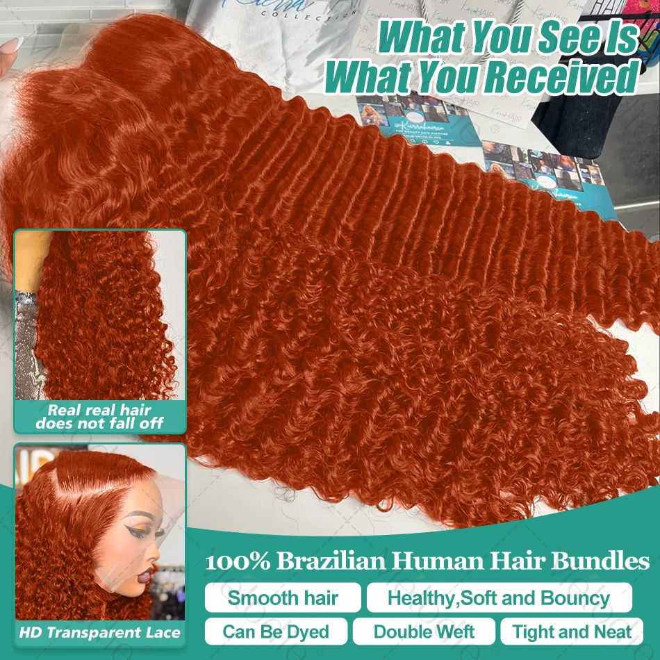 Melodie Curly HD 13x6 40 Inches 220% Loose Deep Wave Ginger Orange Transparent Lace Front Human Hair Wigs 13x4 Lace Frontal Wig