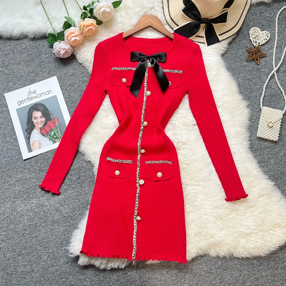 YuooMuoo شيك موضة مثير التفاف الوركين محبوك الخريف فستان المرأة الفاخرة القوس س الرقبة التخسيس فستان قصير الكورية سيدة حفلة Vestidos #1