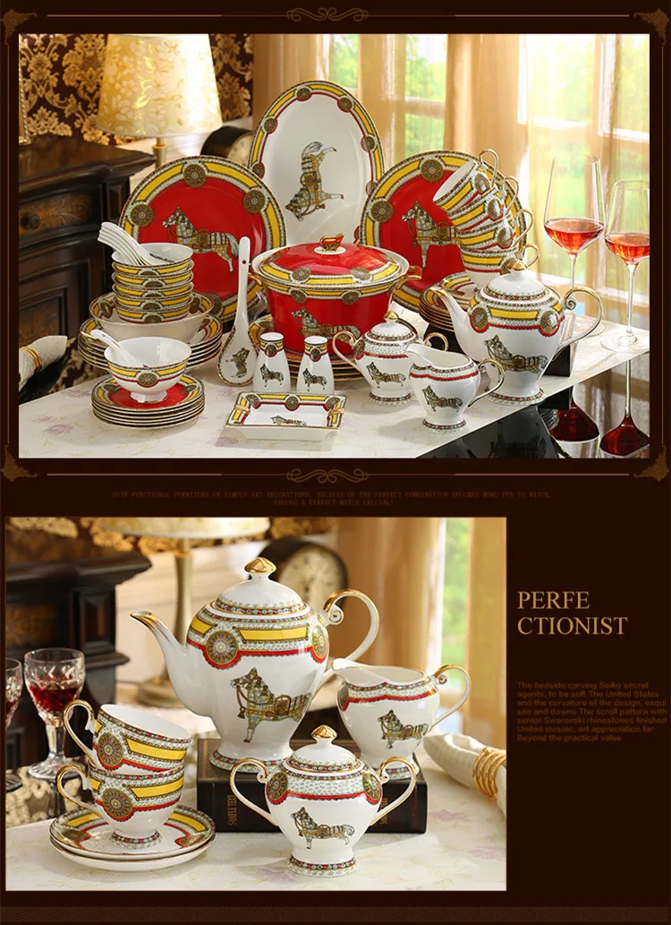 Red War Horse 58 Head European Bone China Coffee Tableware Set Coffee Cup Saucer Set