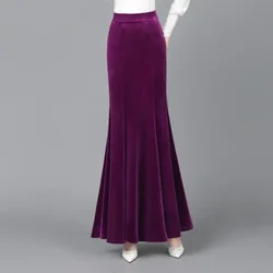 High Quality Winter Thick Pleuche Velvet Solid Long Mermaid Skirts Elegant Metallic Ankle Length Trumpet Green Skirts