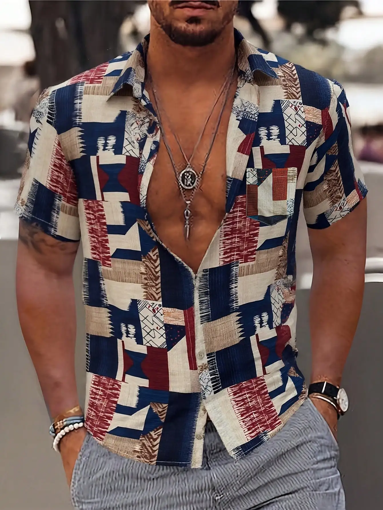 

Men's Patchwork Print Short Sleeve Button Down Casual Shirt Summer
