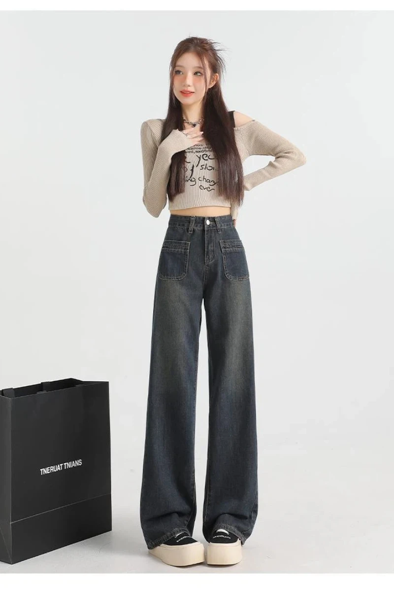 

Women's Y2K Loose Straight Leg Jeans High Waist Wide Leg Trousers Vintage Cement Gray Fashion Trend