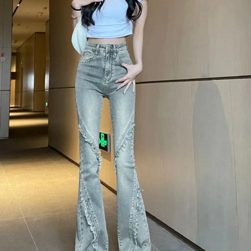 Calças de brim femininas queimadas flare fino ajuste calças de cowboy femininas 2025 alta qualidade harajuku moda vibrante cabido novo em calças legais