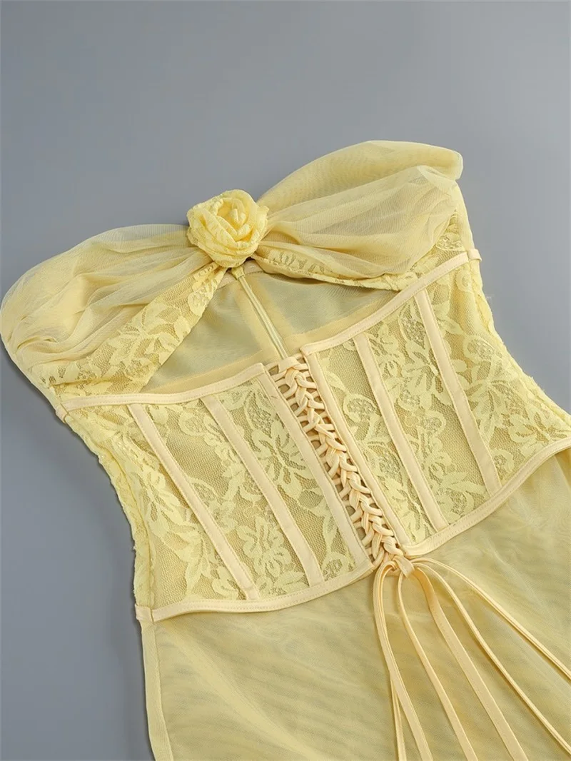 Yellow Prom Dress Sexy Corset Lace Up Hollow Sleeveless Long Mermaid Formal Wedding Guest Robes Autumn 3D Flower Bridal Gown - view 5
