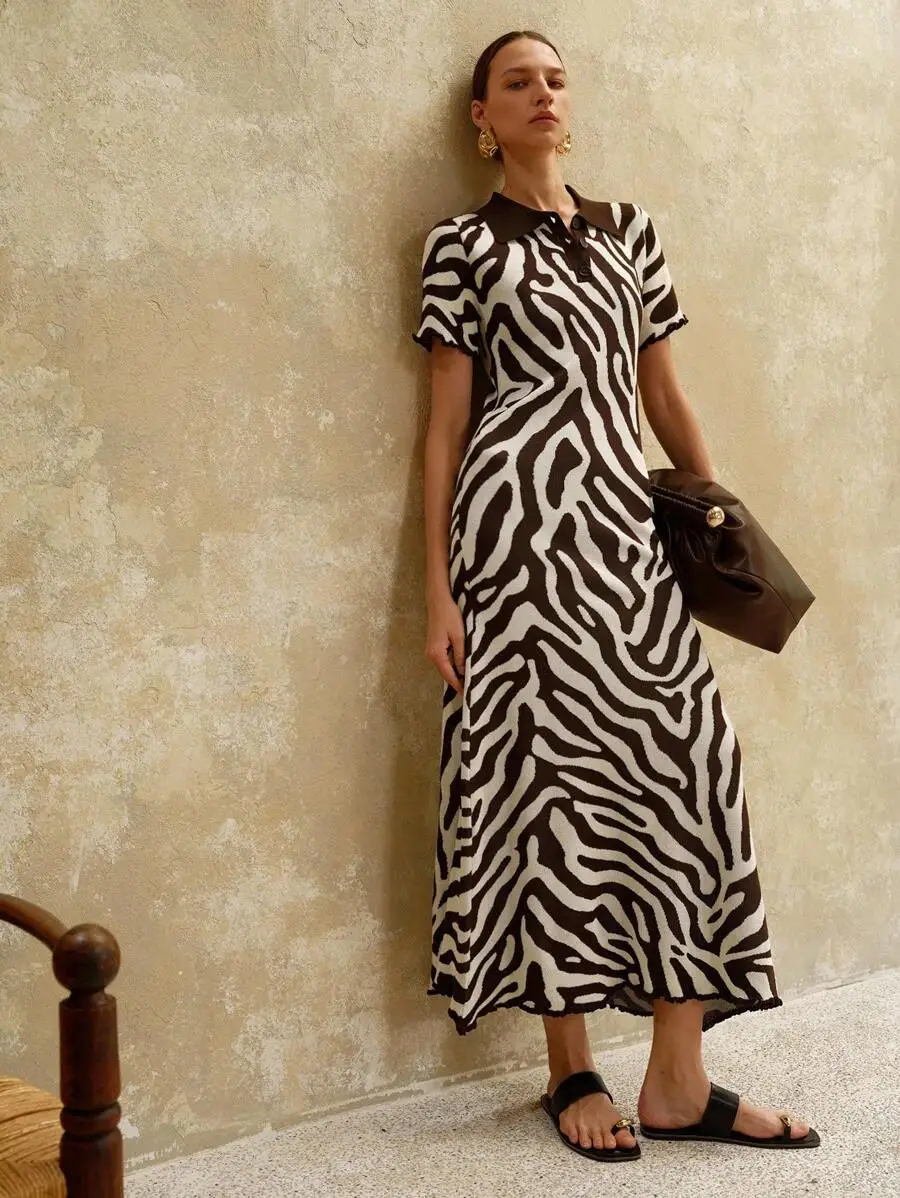 

Womens Zebra Print Knit Neck Short Sleeve Midi Dress Casual Elegant