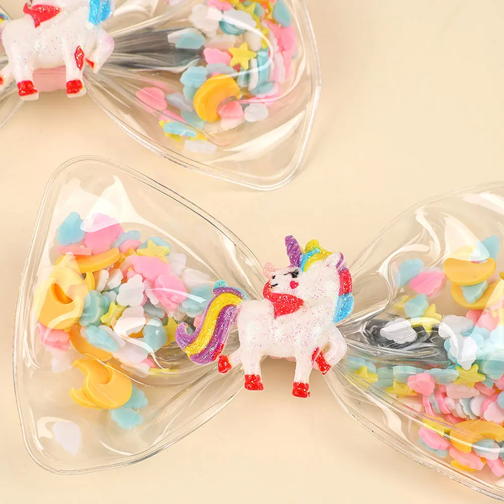 2Pcs Unicorn Bowknot Hair Clips For Kids Transparent Bow Star Moon Hairpin Summer Swimming Pool Party Accessories